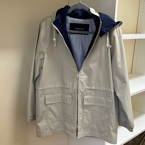 London Fog Vomen Hooded Raincoat in Light Gray with Navy Hood Lining